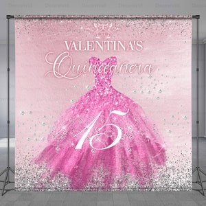 Quinceañera 15th Birthday Backdrop, Sweet 16, Pink Dress Gown, Sequins Tulle, Diamond, Shiny Background, Add Photo Free, Any Size Banner
