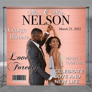 Wedding Magazine Cover Birthday Backdrop, Anniversary, Love Couple, Engagement, Personalized Message, Editable words Quotes, Any Size Banner