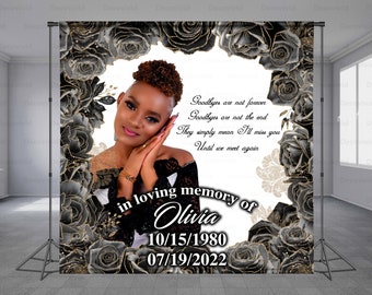 Heavenly Memorial Backdrop Banner, Funeral Background, Black and White, In Memory Of, Dove Flying, Photo Booth, Step Repeat, Any Size Banner