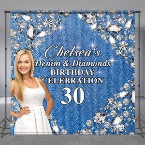 Denim and Diamonds, Step and Repeat, Birthday Backdrop, Light Blue Jeans, Shine Glitter, Diamonds Frame, Personalized, Any Size Banner