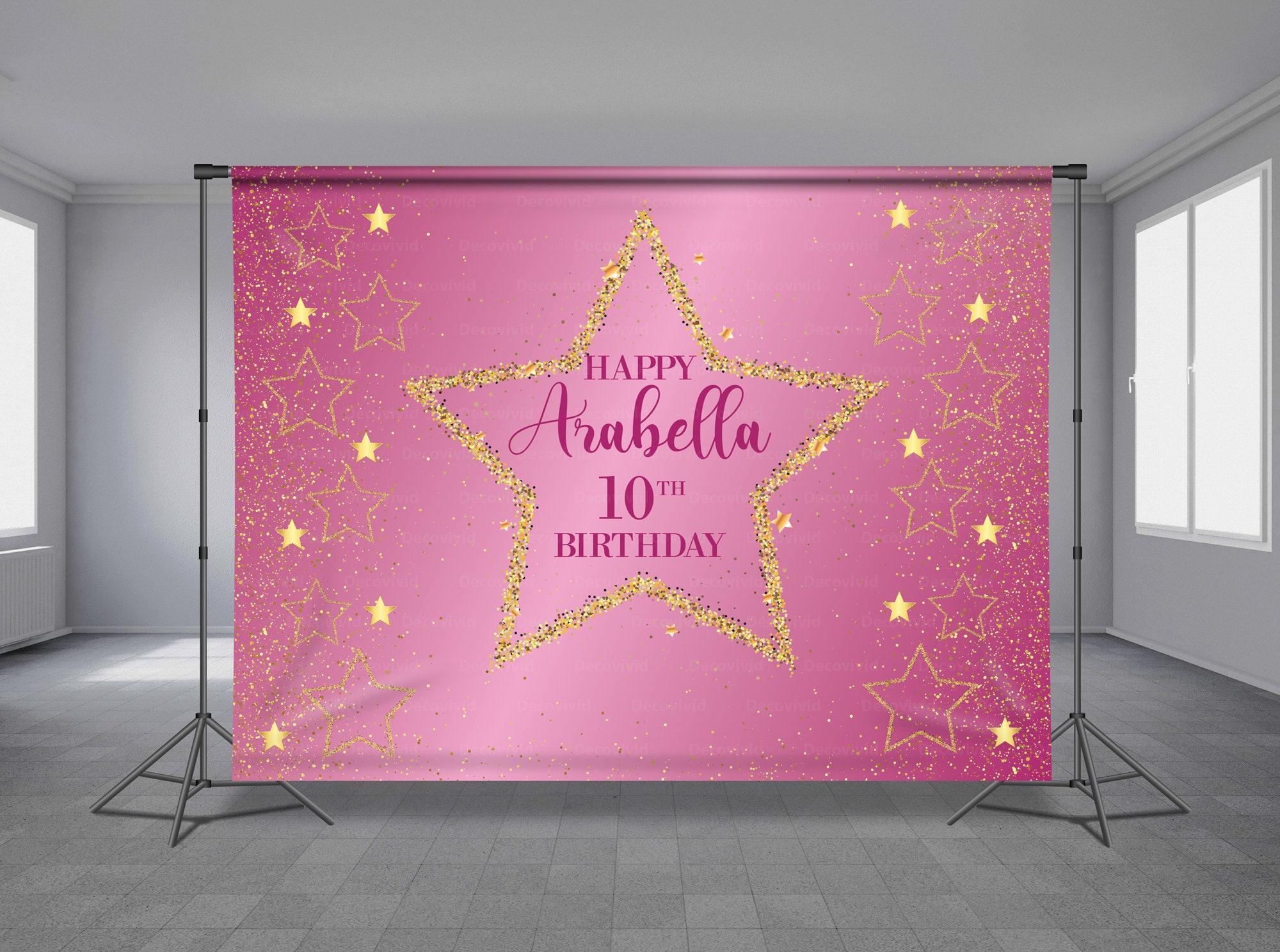 Gold Glitter Big Star Backdrop Pink Background Birthday Party Theme Sweet 16 Bridal Shower Baby Shower Photo Booth Any Size