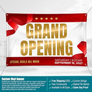 Custom Grand Opening Banner, Outdoor Vinyl Banner, Wall banner, Business Banner, Building Sign, Sport Event, School, Church, Indoor Outdoor