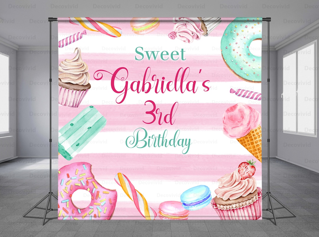 Watercolor Candy Birthday Backdrop, Sweet Backdrop, Ice Cream, Cupcake ...