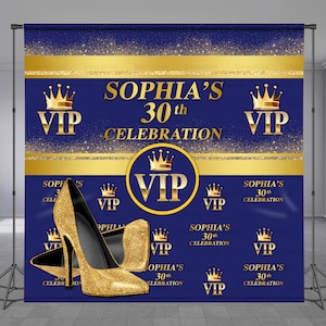 VIP Step And Repeat Birthday Backdrop, Royal Blue Background, VIP Logo, Custom Banner, Luxury, Elegant, Personalized, Any Size Banner