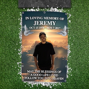 Funeral Grave Blanket, Memorial Grave Banner, Blue Sky Clouds, In Loving Memory Sign, Angel Wings, Dove Flying, Photo Booth, Any Size Banner