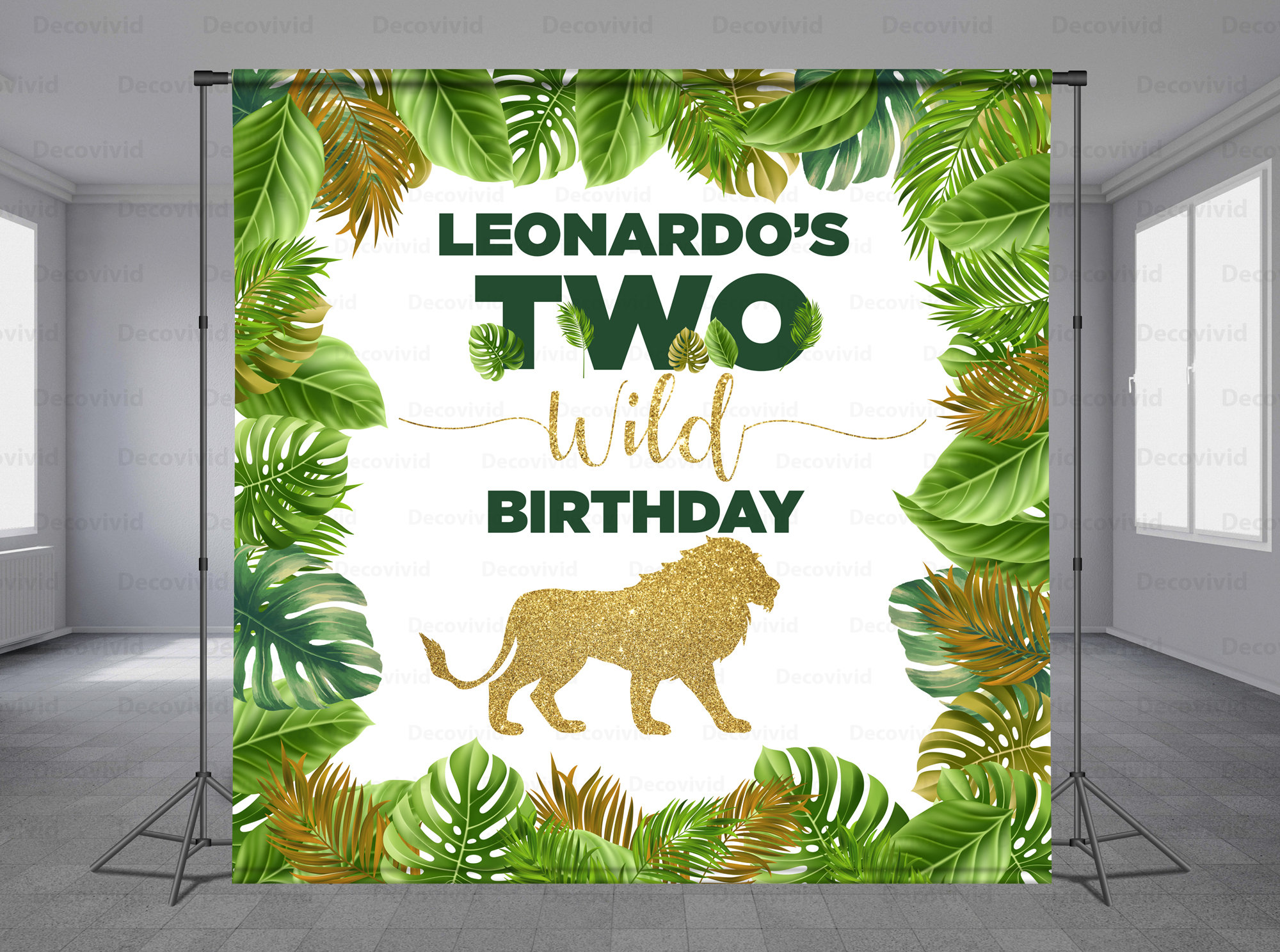 Lion Two Wild Birthday Backdrop Jungle Theme Glitter Lion Kid Adventure Tropical Leaves Frame Safari Party Background Any