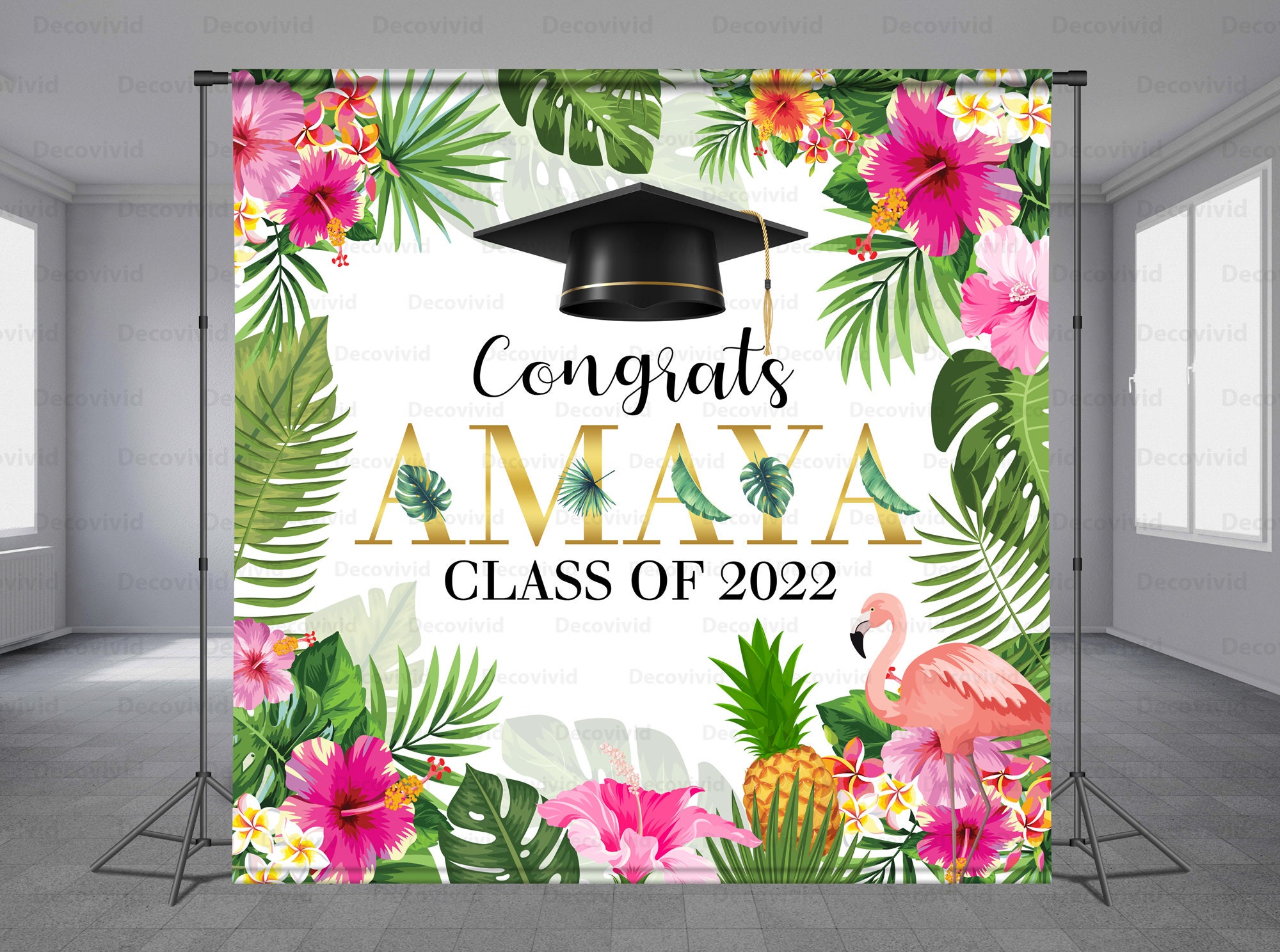 Hawaiian Flower Graduation Cap Backdrop Customized Floral Background Tropical Prom Grad Photo Booth Pineapple Flamingo Any