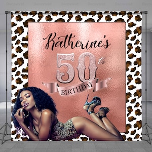Leopard Birthday Backdrop, Step And Repeat, Cheetah Print Backdrop, Editable Colors, Rose Gold Background, Add Photo, Any Size Banner