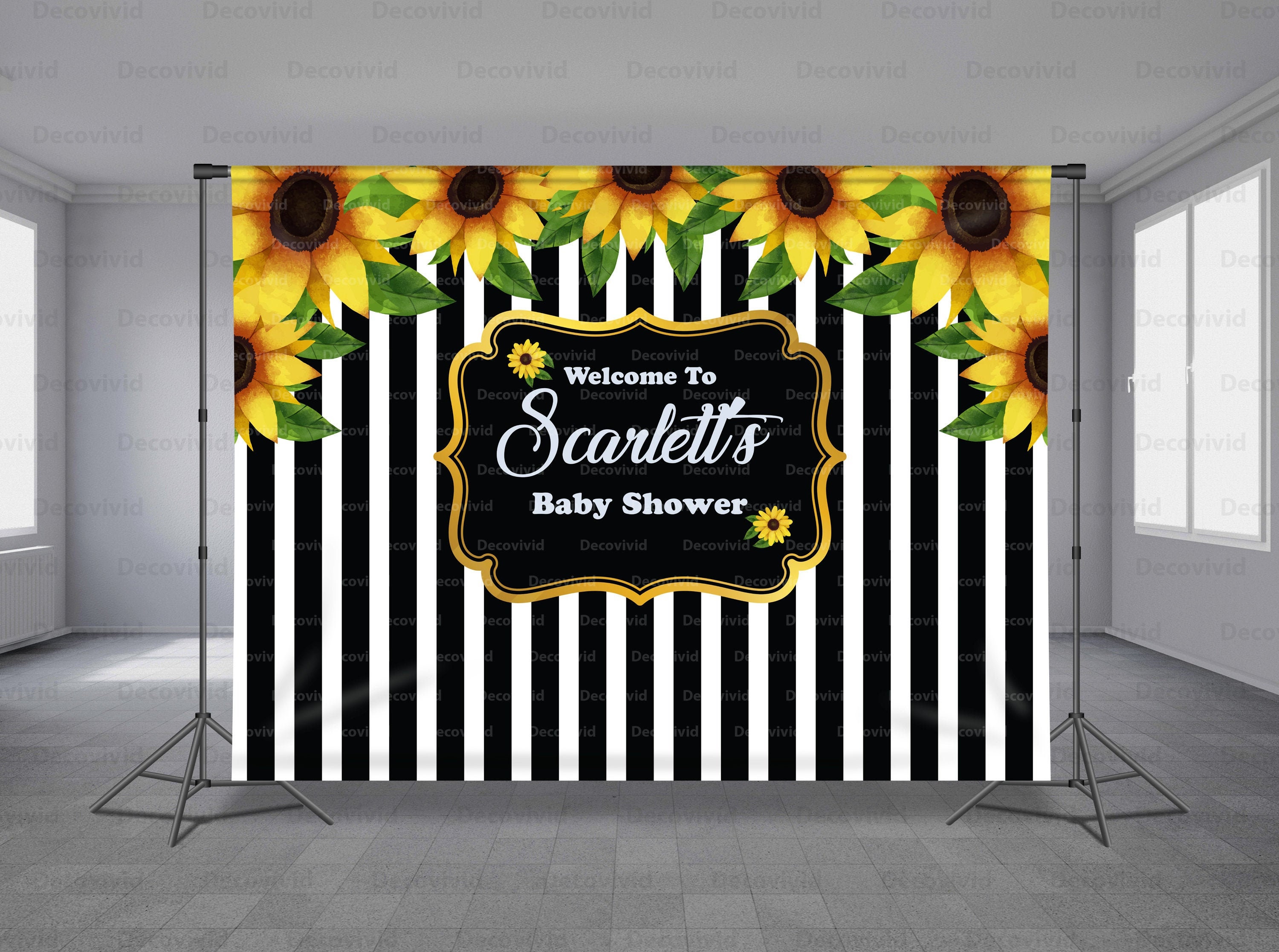 Sunflower Backdrop Banner Floral Black And White Anniversary Baby Shower Bridal Shower Birthday Party Photo Booth Any Size
