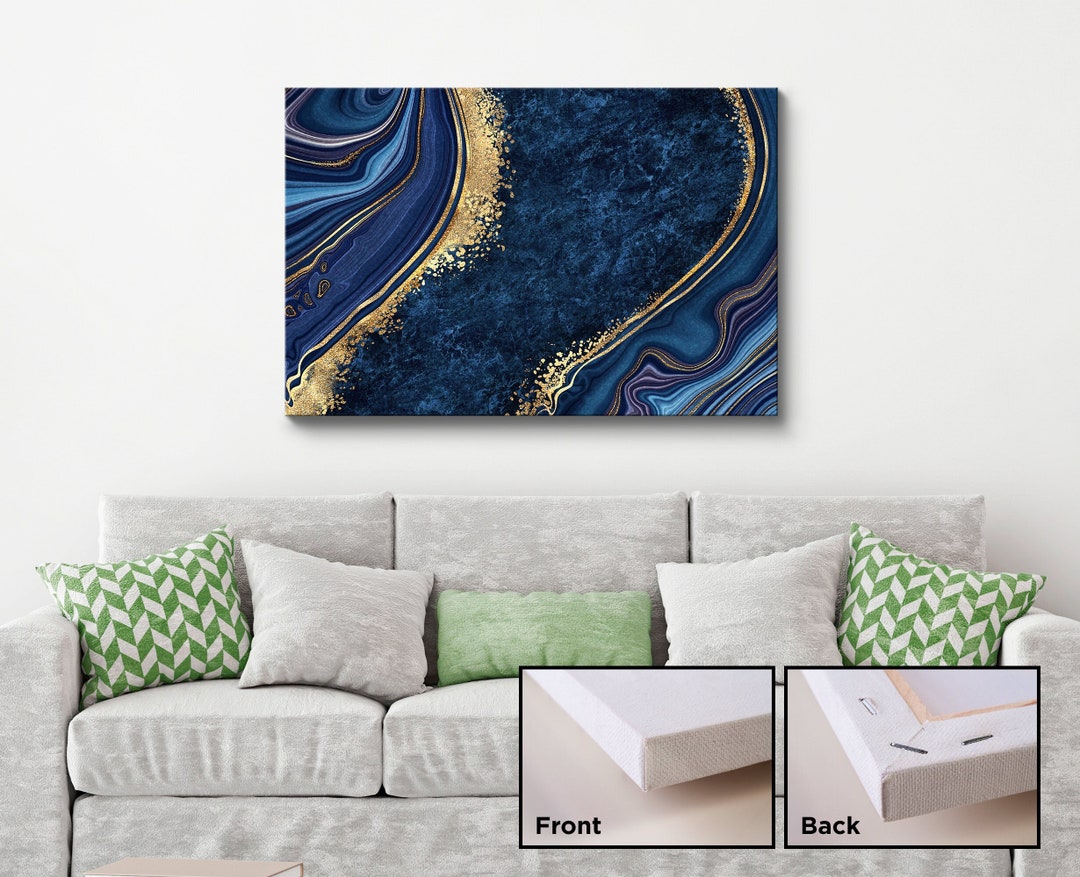 Royal Blue Gold Wall Art, Abstract Art, Marble Canvas, Wall Framed