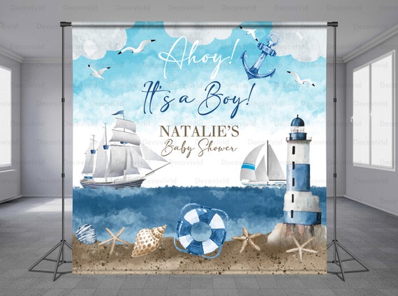 Nautical Birthday Backdrop, Lighthouse, Navy Baby Shower, Marine