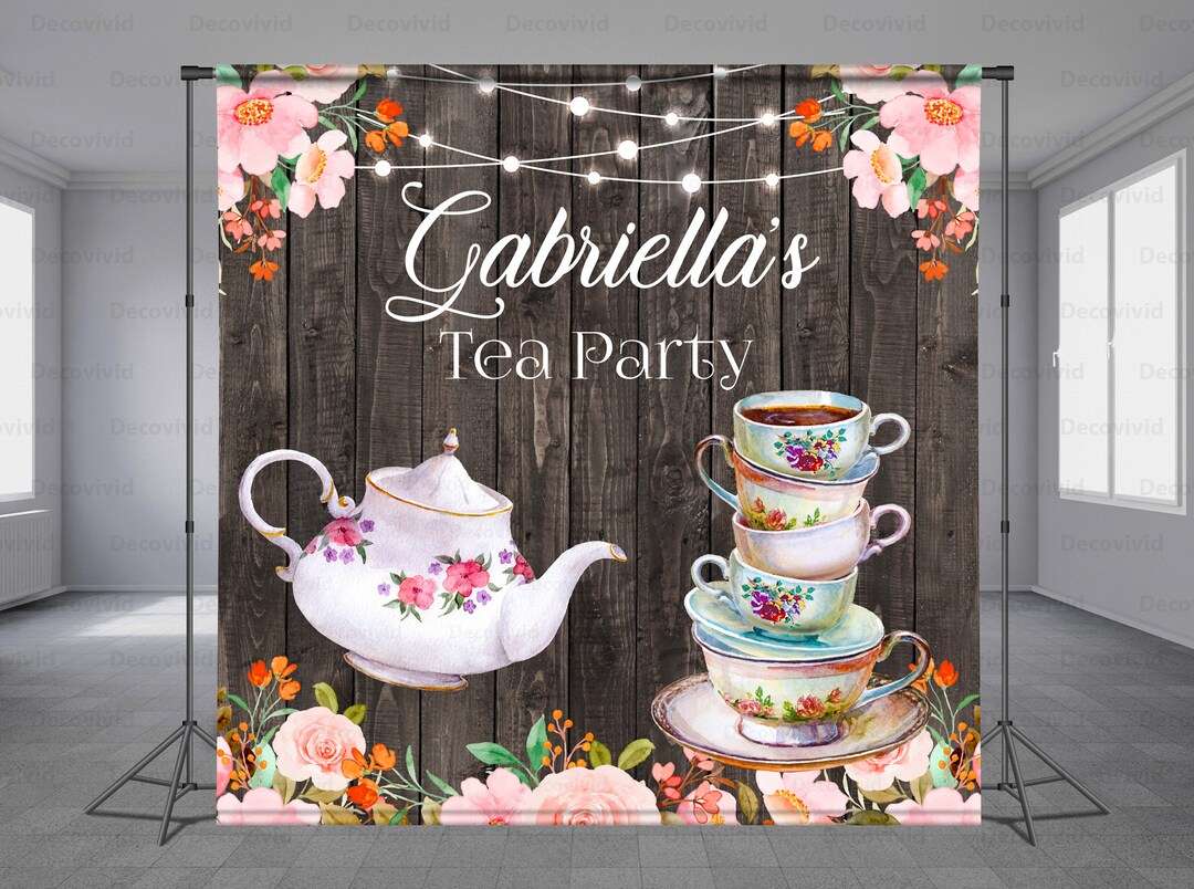 Tea Pot Party Birthday Backdrop, Tea for Two, Flowers, Colorful Tea