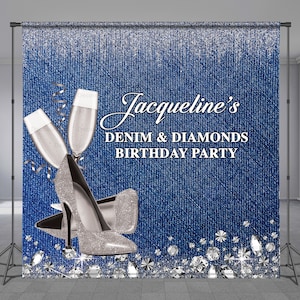 Denim and Diamonds, Step and Repeat, Birthday Backdrop, Blue Jeans, Glitter, Silver High Heel Shoes, Personalized Theme, Any Size Banner