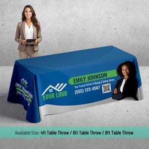 May include: A blue table throw with a white border and a white and gray logo with the text "YOUR LOGO". The table throw also features a green and white banner with the text "EMILY JOHNSON" and a phone number. The banner also includes a QR code. A woman is pictured in the bottom right corner of the table throw.