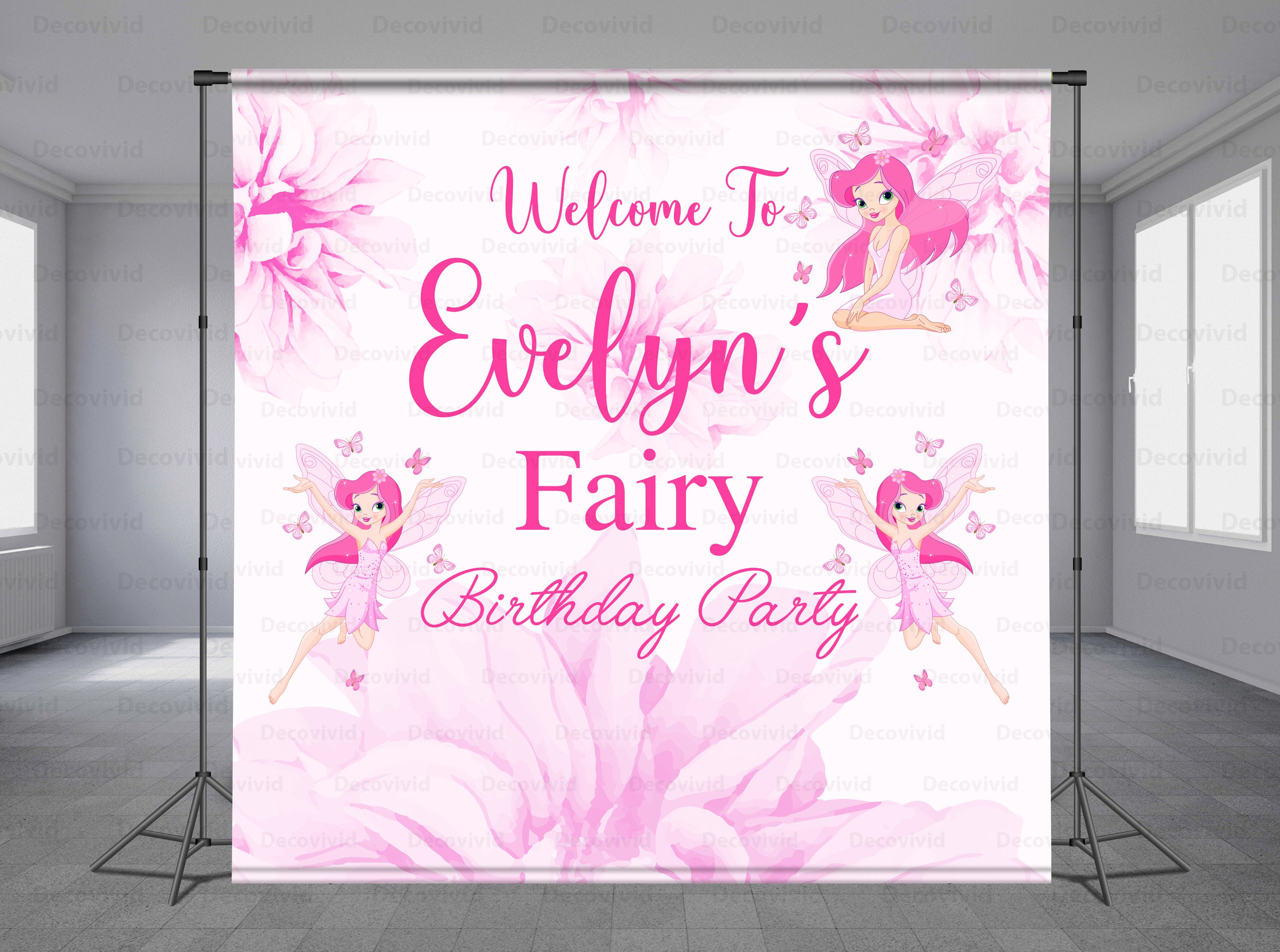 Fairy Birthday Backdrop Butterfly Party Decor Custom Kids Birthday Background All Ages Personalized Banner Edit Color Any