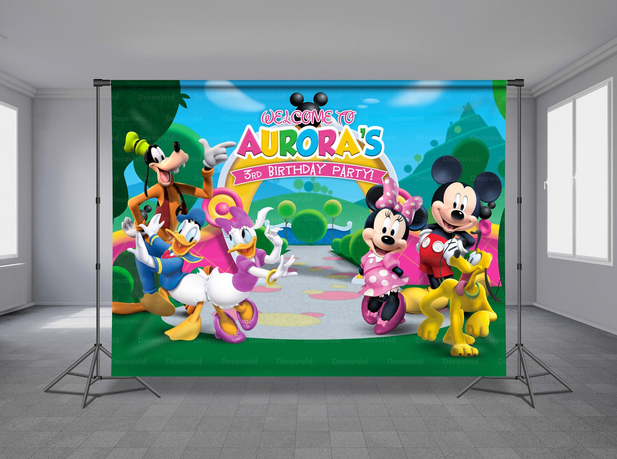 Mouse And Friends Club Entrance Pink Theme Birthday Backdrop Kids Backdrop Yellow Dog Ducks Colorful Any Size Banner