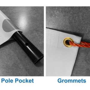 May include: Close-up of a banner with a pole pocket and grommets. The pole pocket is a sewn-in flap that allows a pole to be inserted to hang the banner. The grommets are metal rings that are reinforced with rope for hanging.