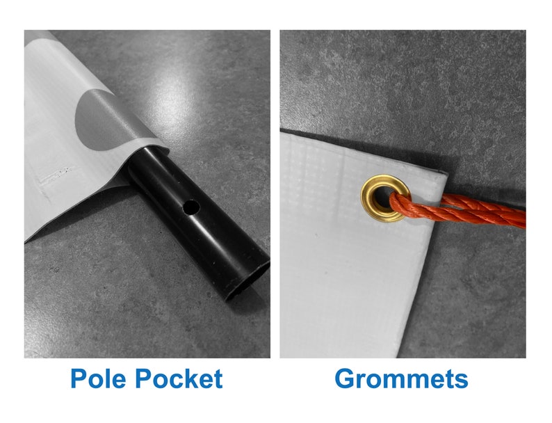 May include: Close-up of a banner with a pole pocket and grommets. The pole pocket is a sewn-in flap that allows a pole to be inserted to hang the banner. The grommets are metal rings that are reinforced with rope for hanging.