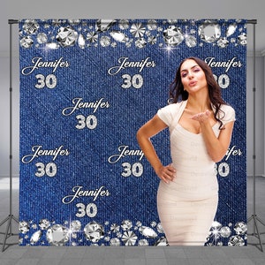 Denim and Diamonds, Step and Repeat, Birthday Backdrop, Blue Jeans Background, Elegant, Personalized Theme, Any Occasion, Any Size Banner