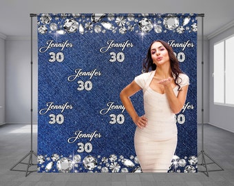 Denim and Diamonds, Step and Repeat, Birthday Backdrop, Blue Jeans Background, Elegant, Personalized Theme, Any Occasion, Any Size Banner