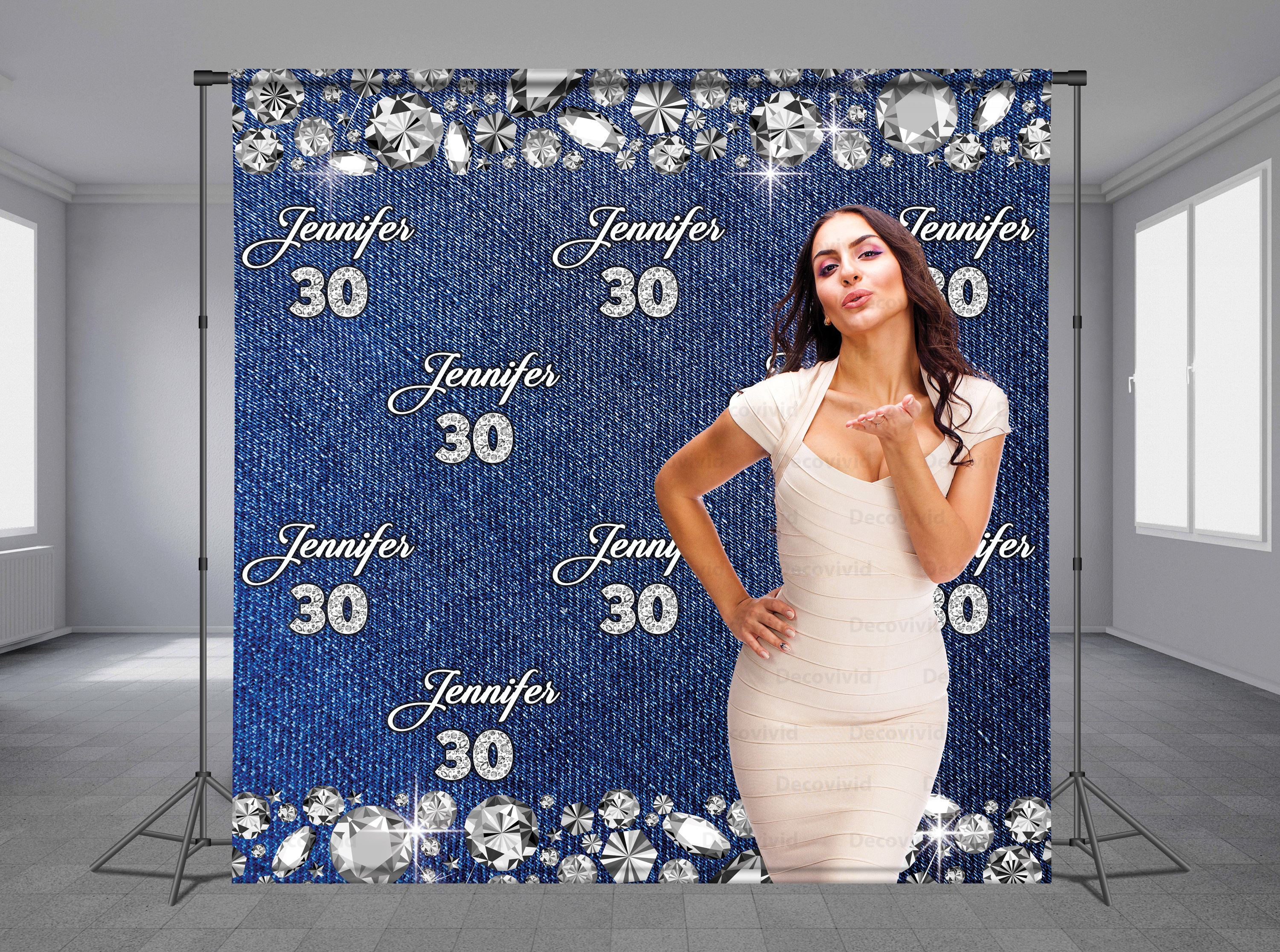Denim and Diamonds Step and Repeat Birthday Backdrop Blue Jeans Background Elegant Personalized Theme Any Occasion Any Size
