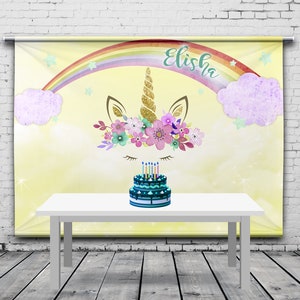 Unicorn Rainbow Birthday Backdrop, Unicorn Face Birthday Party Personalized Banner, Custom Golden Unicorn Birthday Theme, Any Size Banner image 1