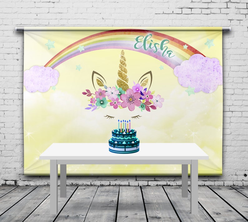 Unicorn Rainbow Birthday Backdrop, Unicorn Face Birthday Party Personalized Banner, Custom Golden Unicorn Birthday Theme, Any Size Banner image 1