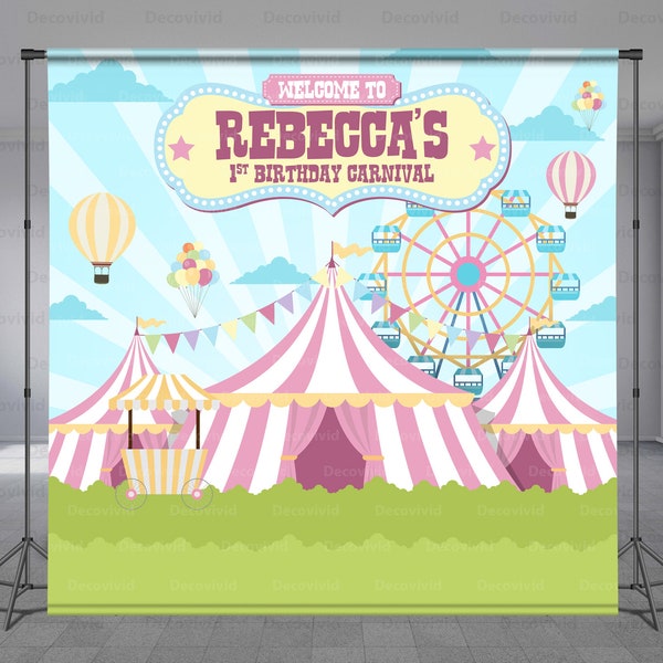 Carnival Theme Birthday Backdrop, Pink Tents, Personalized Circus Party Banner, Ferris Wheel, Custom Theme, Photo Props, Any Size Banner