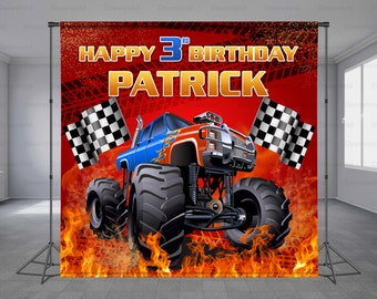 Monster Truck, Monster Car Race Birthday Backdrop, Huge Car, Big Dirt Cars, Cartoon Theme, Flame and Dust, Photo Booth, Any Size Banner