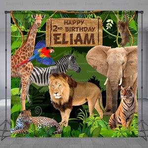 Real Animals Birthday Backdrop, Safari Theme, Elephant, Lion, Zebra, Giraffe, Forest, Adventure, Jungle, Party Background, Any Size Banner
