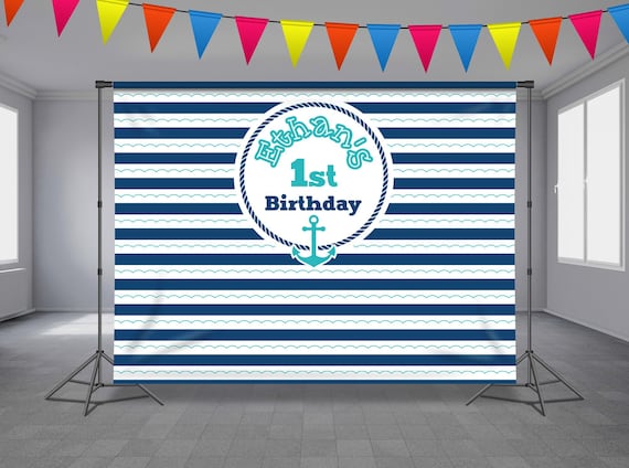 Nautical Birthday Backdrop, Navy Blue Stripe Theme, Baby Shower, Sailing  Party Background, Anchor, Personalized Banner, Any Size Banner 