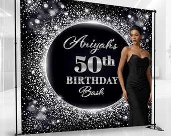 Black Silver Luxury Birthday Bash, Backdrop, Glitters Sparkles Party, Personalized, Customized, Personalized Background, Event Banner,