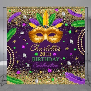 May include: Purple background with gold glitter and confetti. A gold masquerade mask with green and purple feathers. Text reads "Charlotte's 20th Birthday Celebration".