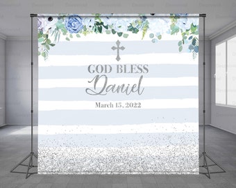 Baptism Backdrop, Christening Backdrop, Holy Baby Boy Theme, Blue Floral, God Bless, Communion, Religious Event, Cross, Any Size Banner