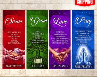 4 Church Banner Set, 24"x 36" Sanctuary & Worship Decor, Serve, Grow, Love, Pray, Lord of Lords, King of Kings, Church Wall, Mission Worship