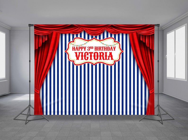 Circus Birthday Backdrop, Red Curtain, Carnivals background, Custom Decoration, Vertical Stripe Line, Kids Party Theme, Any Size Banner image 1