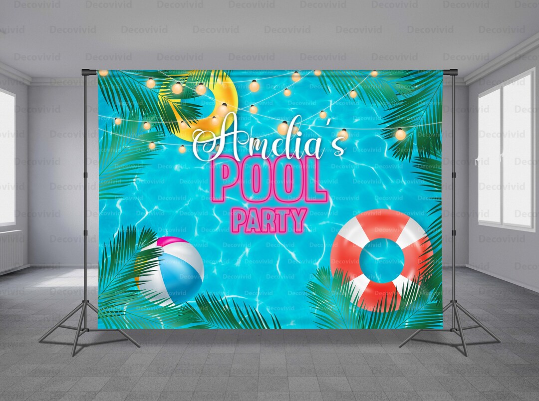 Pool Party Backdrop, Summer Theme, Beach Ball, Pool Float, Palm Leaf