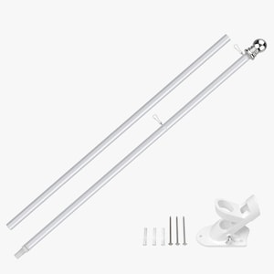 May include: A silver flagpole kit with a decorative ball finial. The kit includes a two-piece pole, mounting bracket, screws, and anchors. The pole is designed for outdoor use and is made of durable metal.