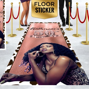 May include: A rose gold floor sticker with a leopard print border. The sticker features the text "Katherine's 50th Birthday" with a pink ribbon and a photo of a woman in a leopard print top.