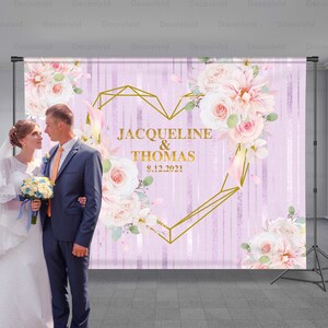Golden Heart Wedding Backdrop, Flowers, Geometric Design, Gold Writing, Shiny Photo Background, Bridal Shower, Photo Booth, Any Size Banner