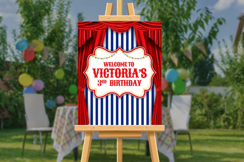 Carnivals Circus Printed on Foam Board Personalized Birthday Welcome Sign Welcome Poster Board Stripe Line Background Red Curtain