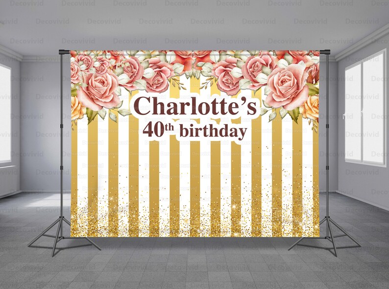 Flower Birthday Backdrop Personalized Banner Stripe Glitter Etsy