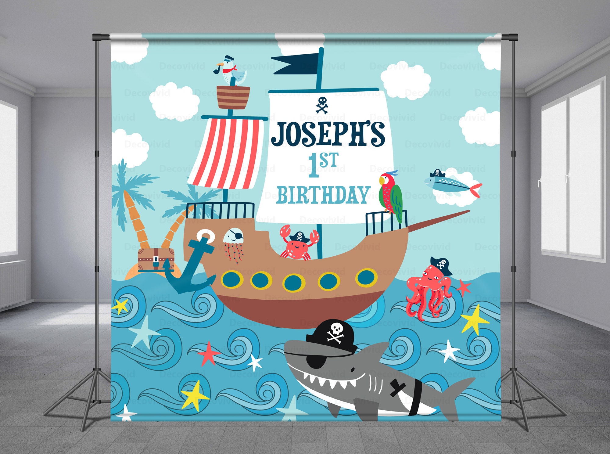 Kids Pirate Birthday Backdrop Shark Ship Treasure Box Personalized Theme Blue Sky Ocean and Sea Adventure Party Any Size