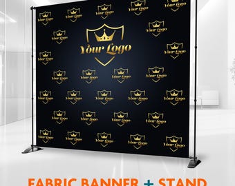 Custom Fabric Backdrop with Stand, Step and Repeat, Polyester Banner, Backdrop stand and banner, Wrinkle Free, Business or Party Decoration