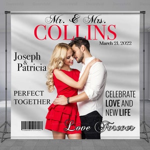 Wedding Magazine Cover Birthday Backdrop, Love Couples, Engagment, Personalized Message, Editable words and Quotes, Any Size Banner