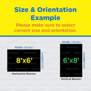 May include: A yellow and black graphic with the text "Size & Orientation Example" and instructions to select the correct size and orientation. Two black rectangles with white text show examples of a horizontal banner measuring 8 inches by 6 inches and a vertical banner measuring 6 inches by 8 inches.