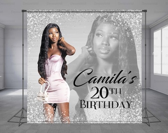 Photo Birthday Backdrop, All Ages Birthday, Silver Glitter, Photo Background, Party Decoration, Photo Booth, Add Photo Free, Any Size Banner