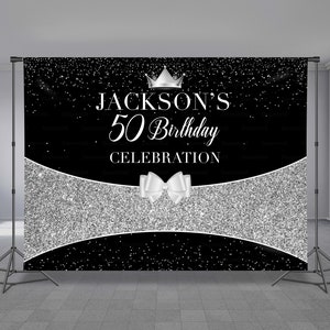 Black and Silver Birthday Backdrop, All Ages, Silver Glitter, Crown, Editable Colors, Any Occasion, Photo Booth, Custom, Any Size Banner