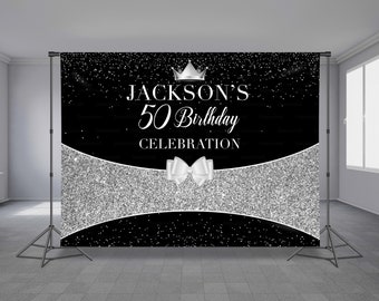 Black and Silver Birthday Backdrop, All Ages, Silver Glitter, Crown, Editable Colors, Any Occasion, Photo Booth, Custom, Any Size Banner