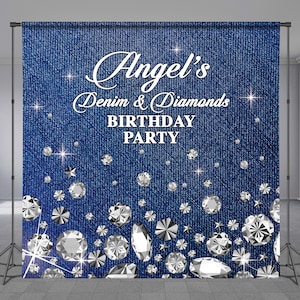 Diamonds and Denim, Step and Repeat, Custom Birthday Backdrop, Blue Jeans, Glitter, Luxury Background, Personalized Theme, Any Size Banner